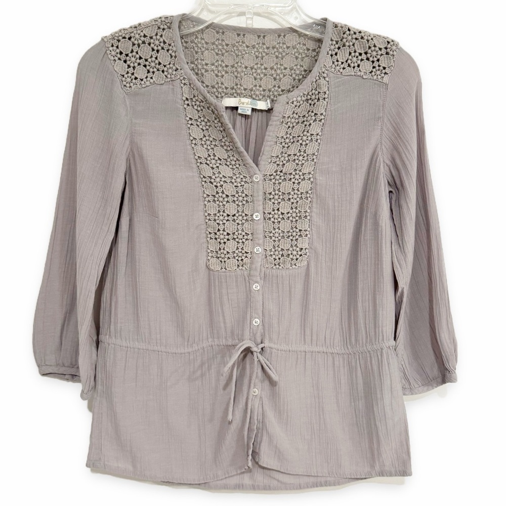Boden | Crochet Button Front Top Gray Ruched Cotton Size 4